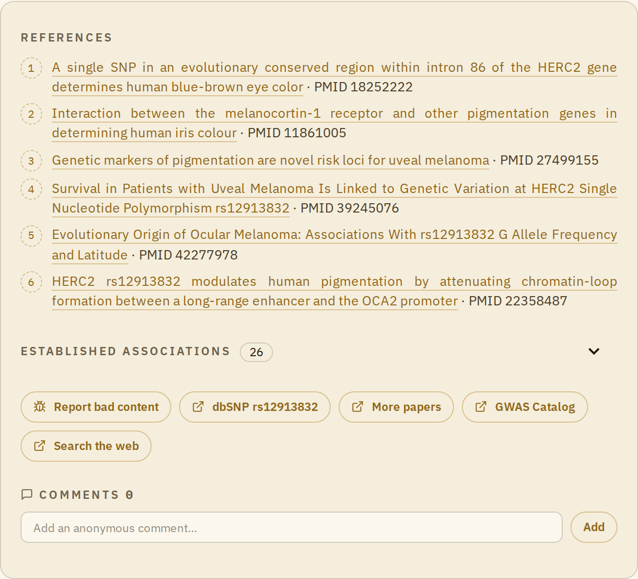 The bottom of the card: references, the collapsed "Established associations" heading, the link buttons and the comments box