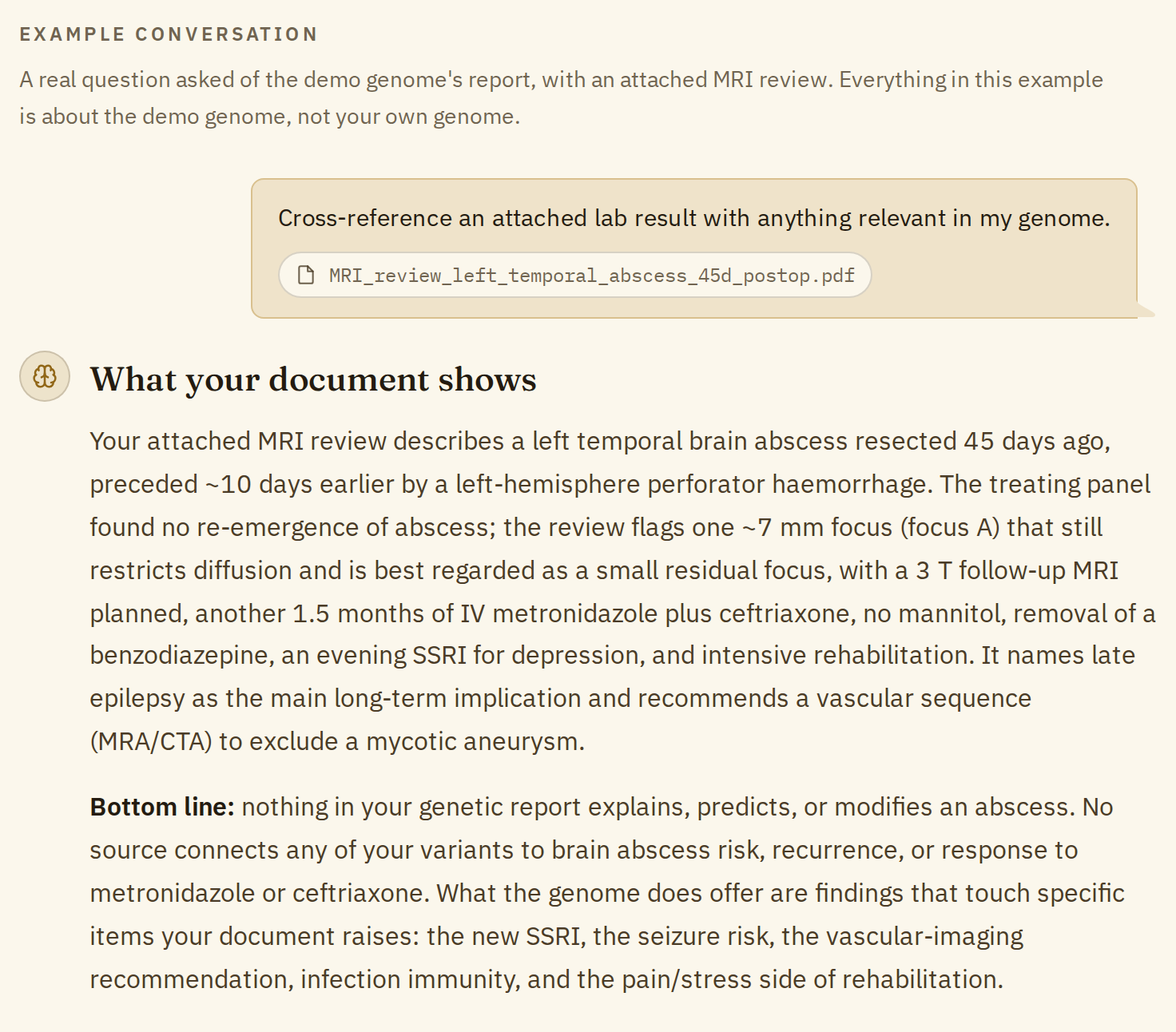 The demo conversation: the question with the attached MRI review, and the start of the answer, "What your document shows" and "Bottom line"