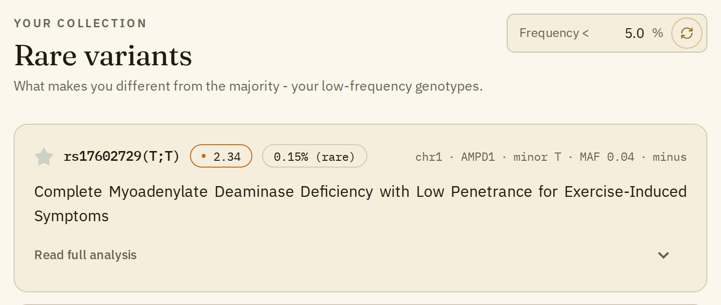 The Rare variants page with the Frequency below 5% box and the first rare genotype