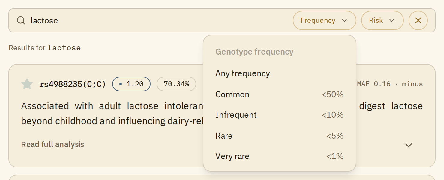 The Frequency menu: Any frequency, Common under 50%, Infrequent under 10%, Rare under 5% and Very rare under 1%