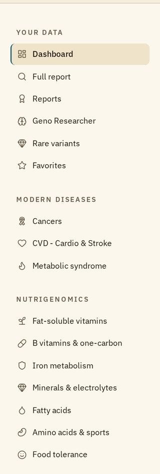 The left menu: Your data, Modern diseases and Nutrigenomics