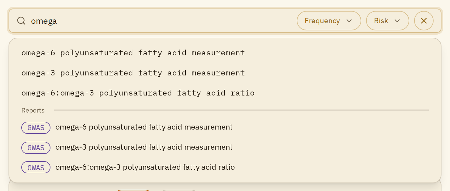 Suggestions for omega: three search terms, then three reports under Reports
