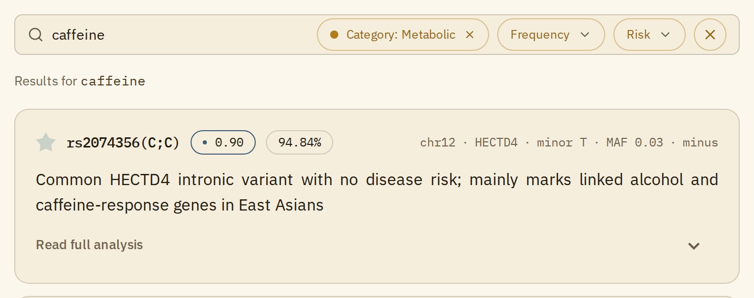 The search box with the Category: Metabolic chip, searched for caffeine