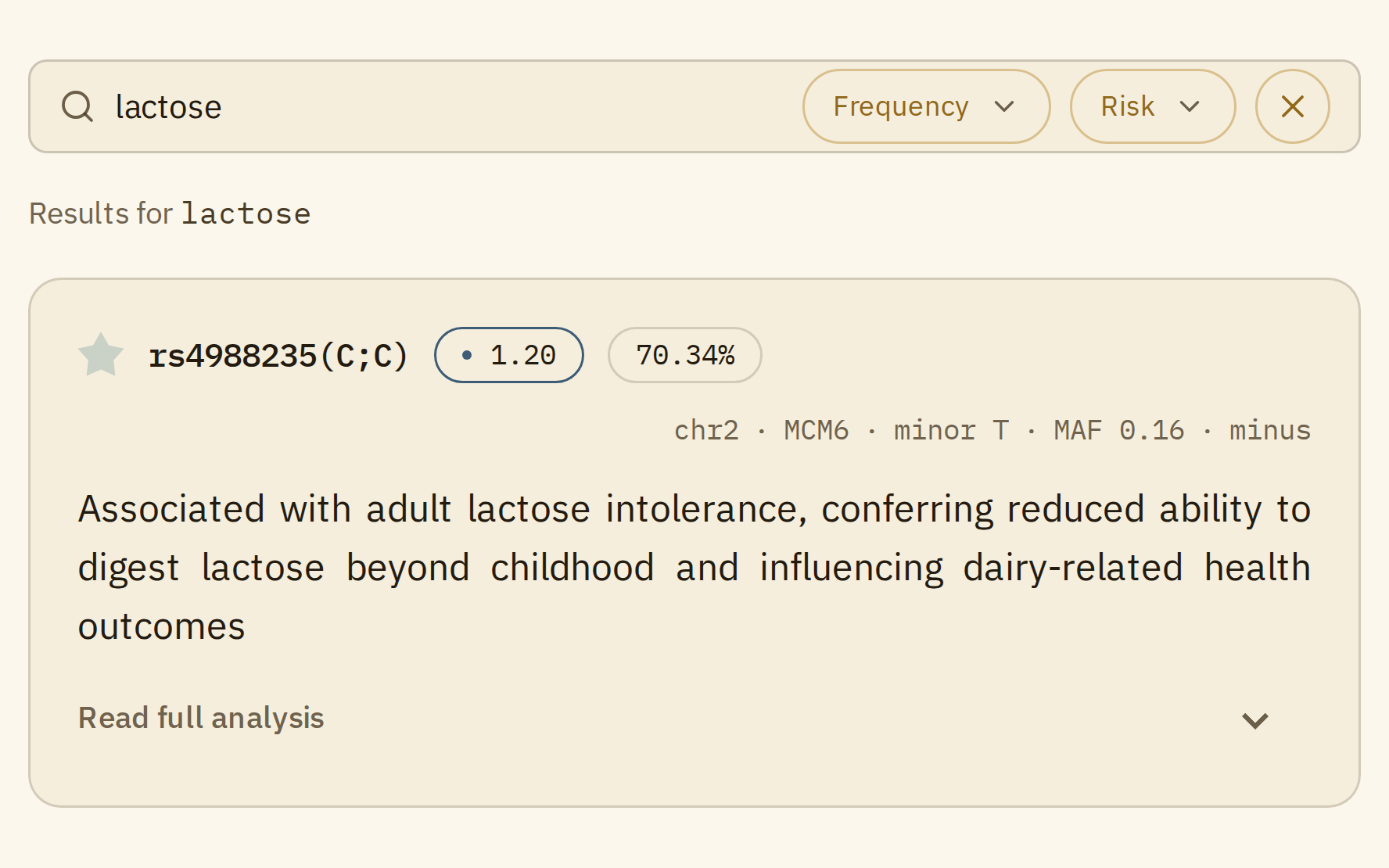 The full report searched for lactose, with the Frequency and Risk filters and the card for rs4988235